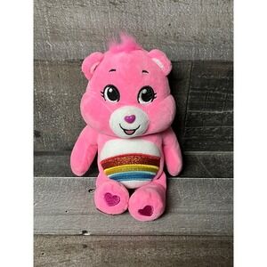 Care Bears Cheer Bear Plush Toy Pink Rainbow Belly Badge Glitter Heart Feet 2022